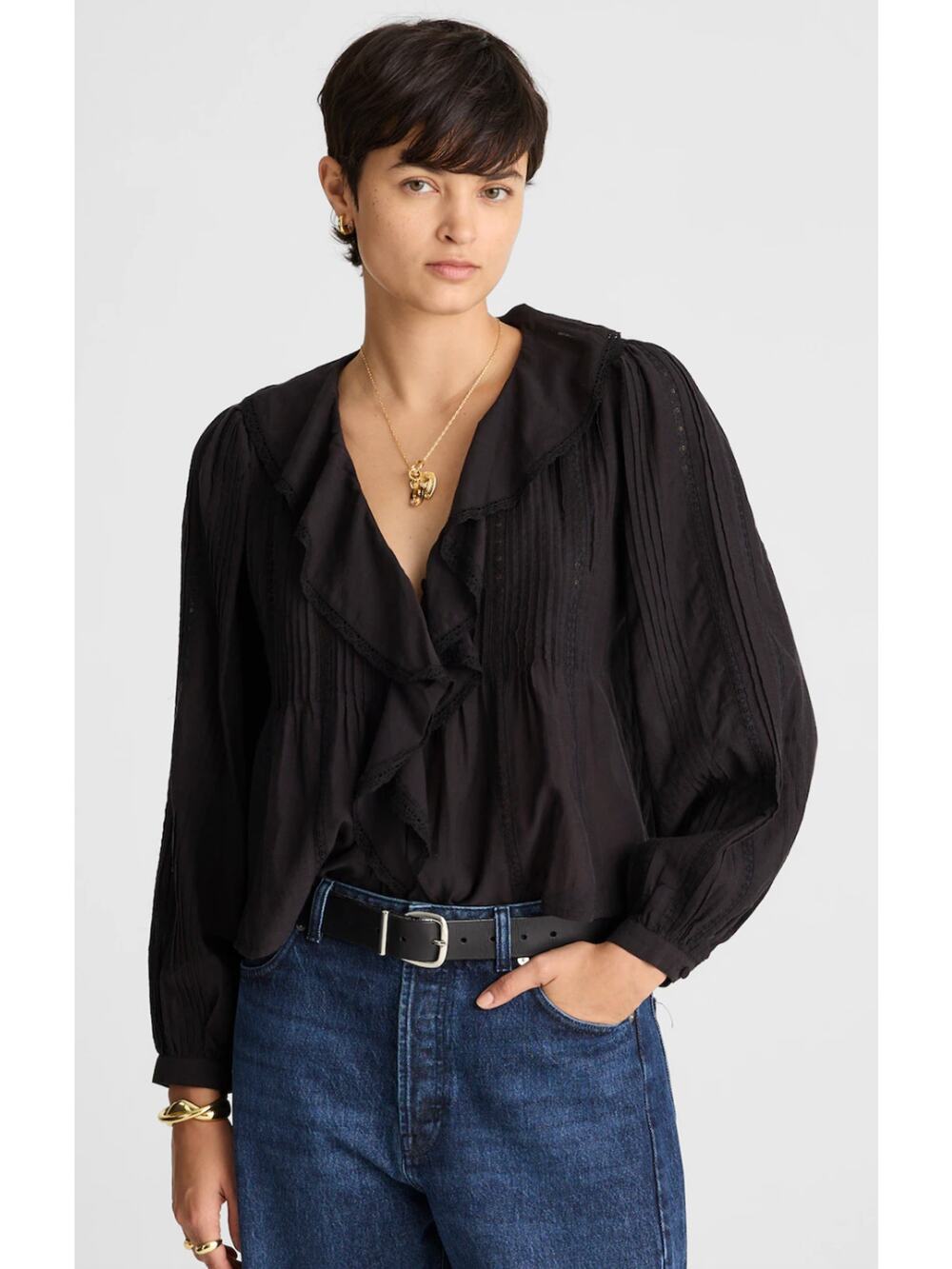 Madewell | NWOT Lace Insert Ruffle Pintuck Blouse Jet Black | Sz XXS